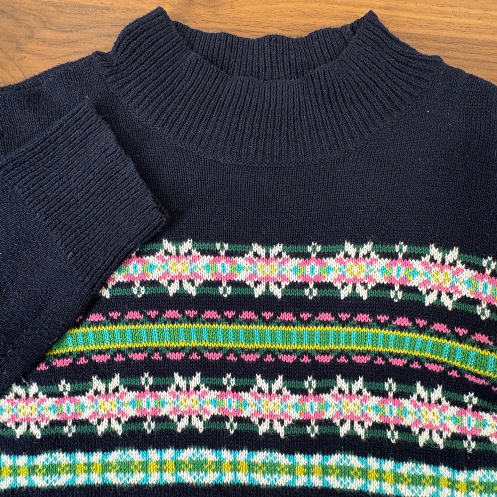 Talbots Sweater Women M Navy Blue Fair Isle Mock Neck Cotton Blend Preppy Nordic